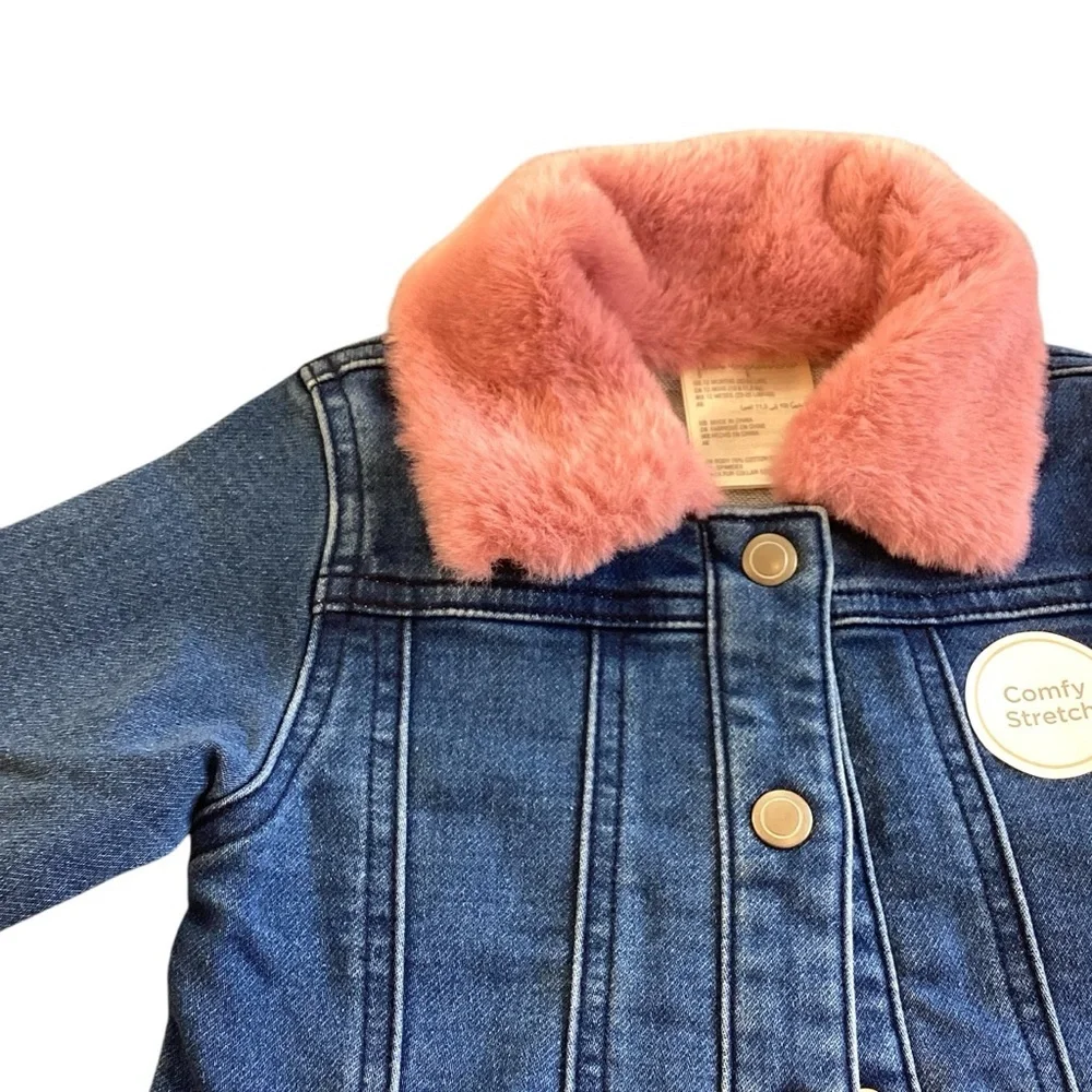 First Impressions Baby Girl Comfy Stretch Denim Jacket Faux-Fur Collar 12 Months